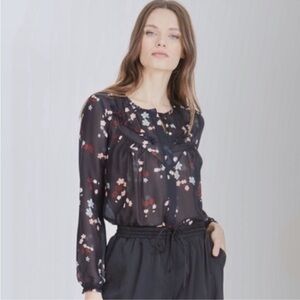 Anthropologie Caballero Black silk Semi Sheer Sage Top Ditsy Flower Small